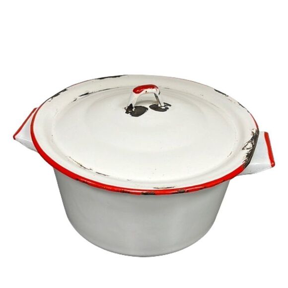 Vintage Farmhouseware Snow-White Titanium Enamel Lidded Pot with Red Trim - Picture 1 of 10
